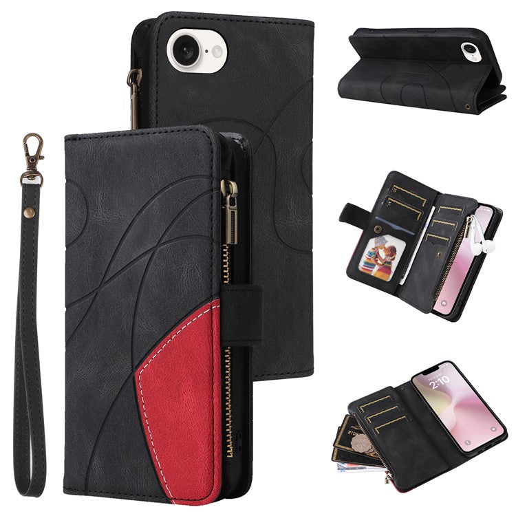 For iPhone 16e Cover Anti-Scratch PU Leather Dual Color Splicing Cell Phone Case - Black