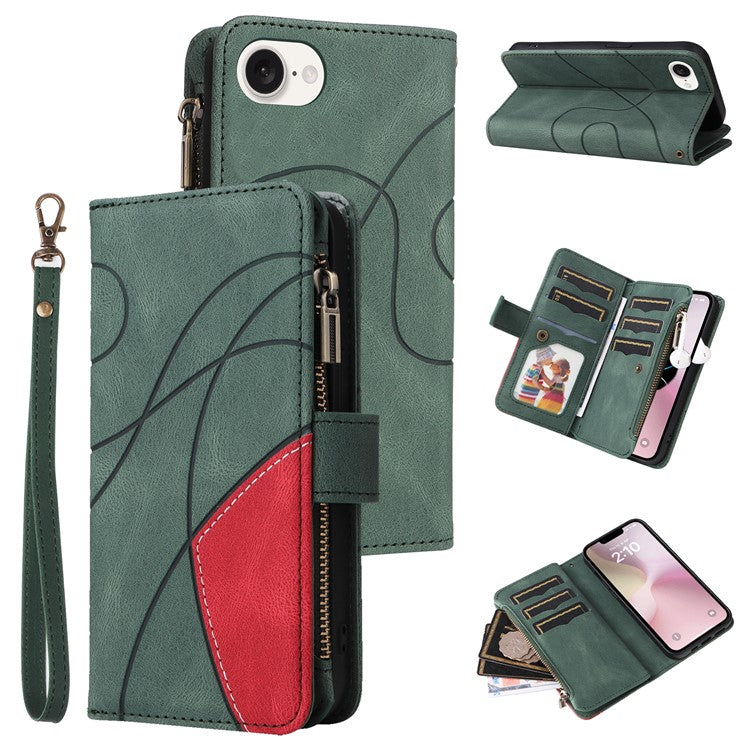 For iPhone 16e Cover Anti-Scratch PU Leather Dual Color Splicing Cell Phone Case - Green