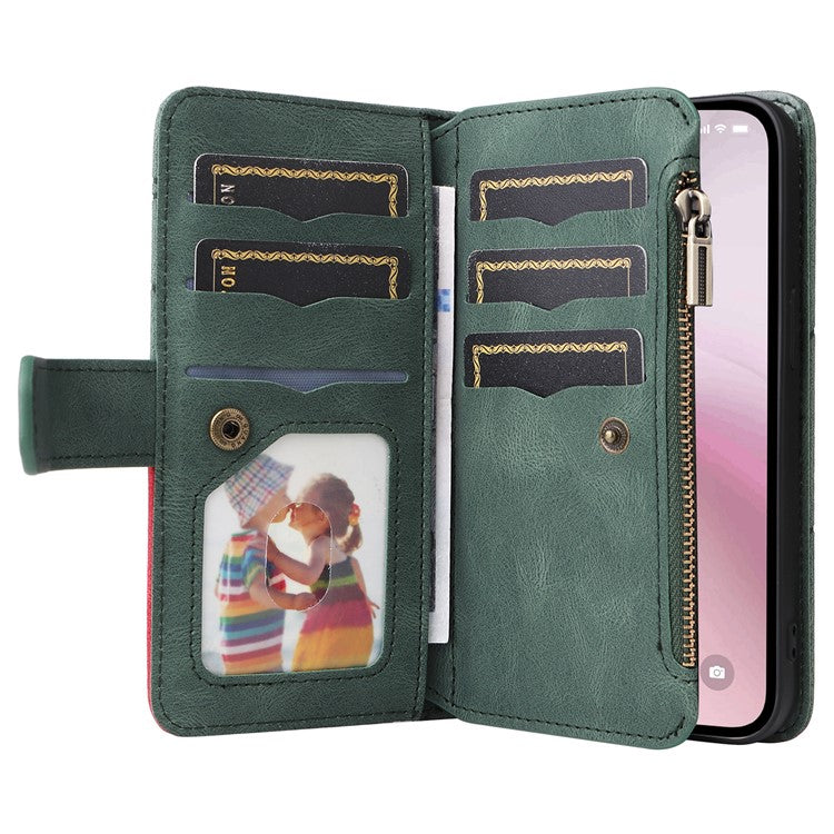 For iPhone 16e Cover Anti-Scratch PU Leather Dual Color Splicing Cell Phone Case - Green