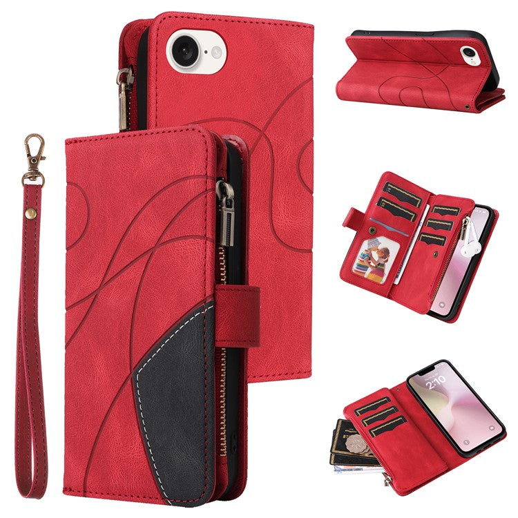 For iPhone 16e Cover Anti-Scratch PU Leather Dual Color Splicing Cell Phone Case - Red
