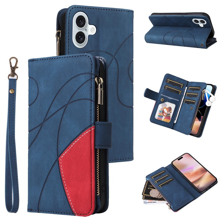 KT Multi-Function Series-5 For iPhone 16 Plus Cover PU Leather Dual Color Splicing Wallet Cell Phone Case - Blue