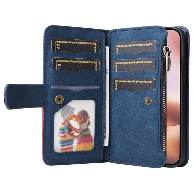KT Multi-Function Series-5 For iPhone 16 Plus Cover PU Leather Dual Color Splicing Wallet Cell Phone Case - Blue