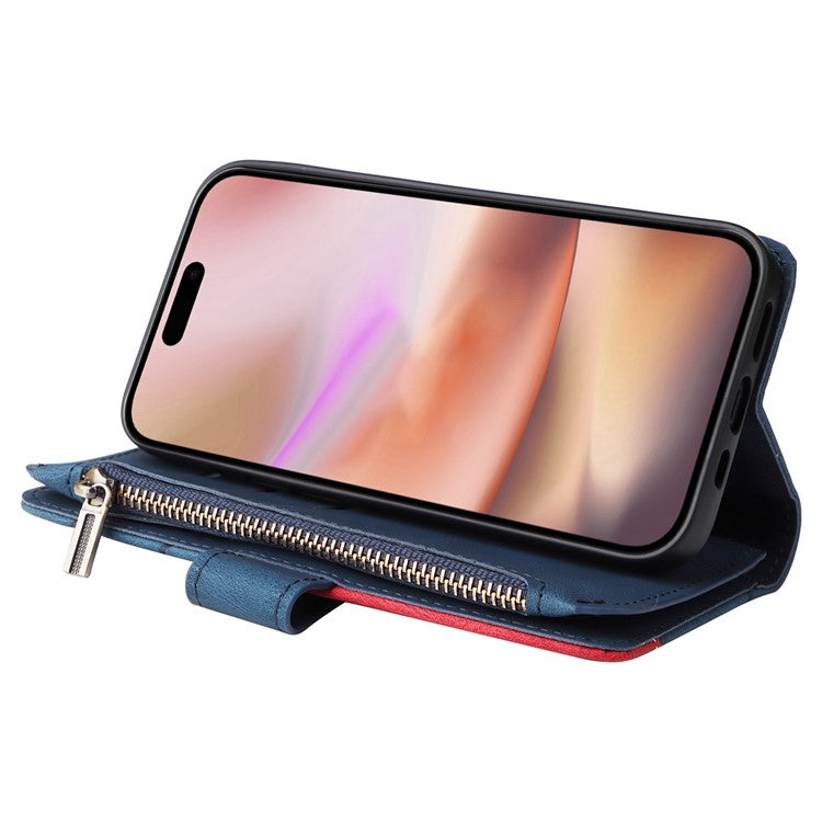 KT Multi-Function Series-5 For iPhone 16 Plus Cover PU Leather Dual Color Splicing Wallet Cell Phone Case - Blue