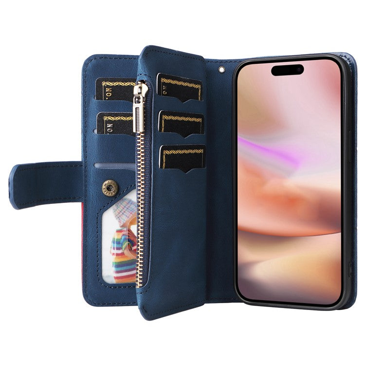KT Multi-Function Series-5 For iPhone 16 Plus Cover PU Leather Dual Color Splicing Wallet Cell Phone Case - Blue