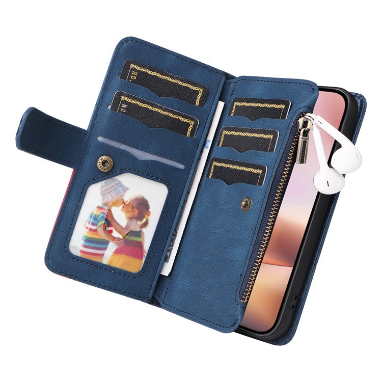 KT Multi-Function Series-5 For iPhone 16 Plus Cover PU Leather Dual Color Splicing Wallet Cell Phone Case - Blue