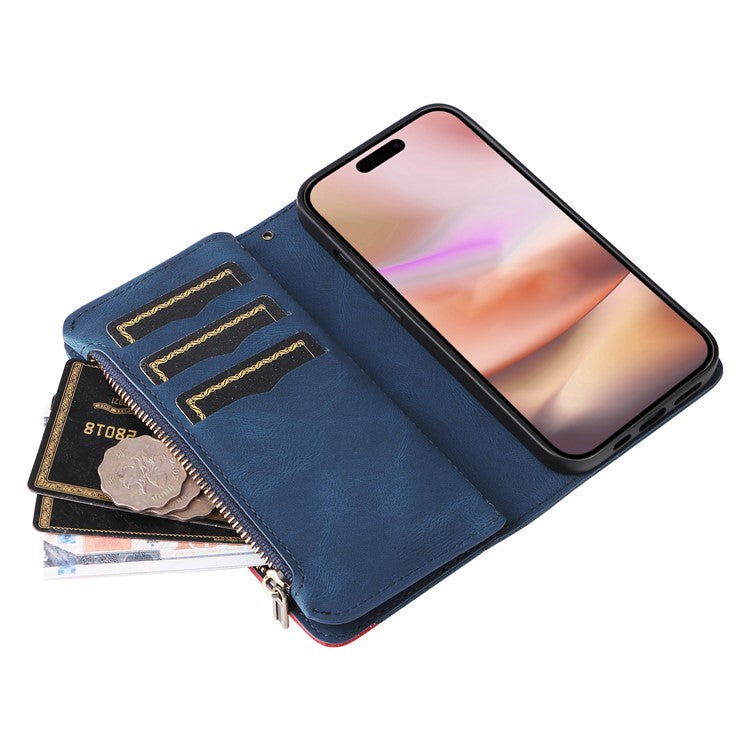 KT Multi-Function Series-5 For iPhone 16 Plus Cover PU Leather Dual Color Splicing Wallet Cell Phone Case - Blue