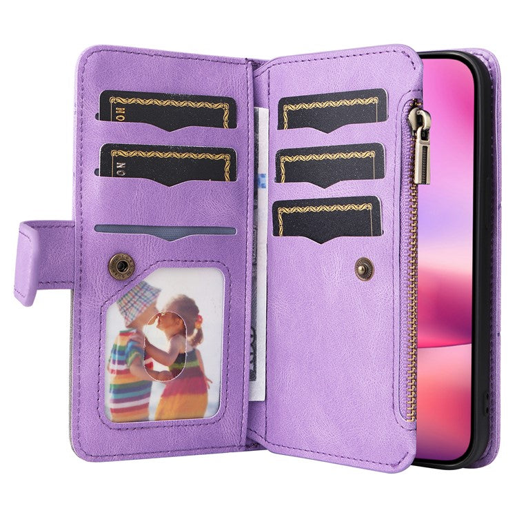 KT Multi-Function Series-5 For iPhone 16 Cover PU Leather Dual Color Splicing Wallet Cell Phone Case - Light Purple