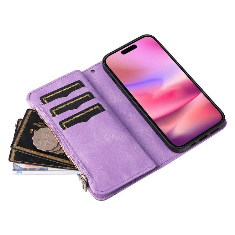 KT Multi-Function Series-5 For iPhone 16 Cover PU Leather Dual Color Splicing Wallet Cell Phone Case - Light Purple