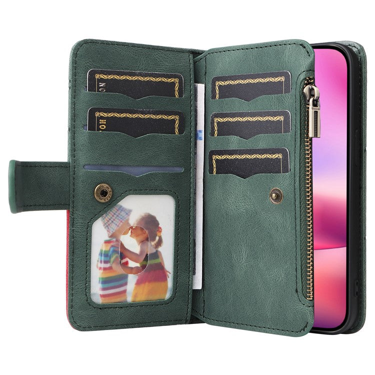 KT Multi-Function Series-5 For iPhone 16 Cover PU Leather Dual Color Splicing Wallet Cell Phone Case - Green