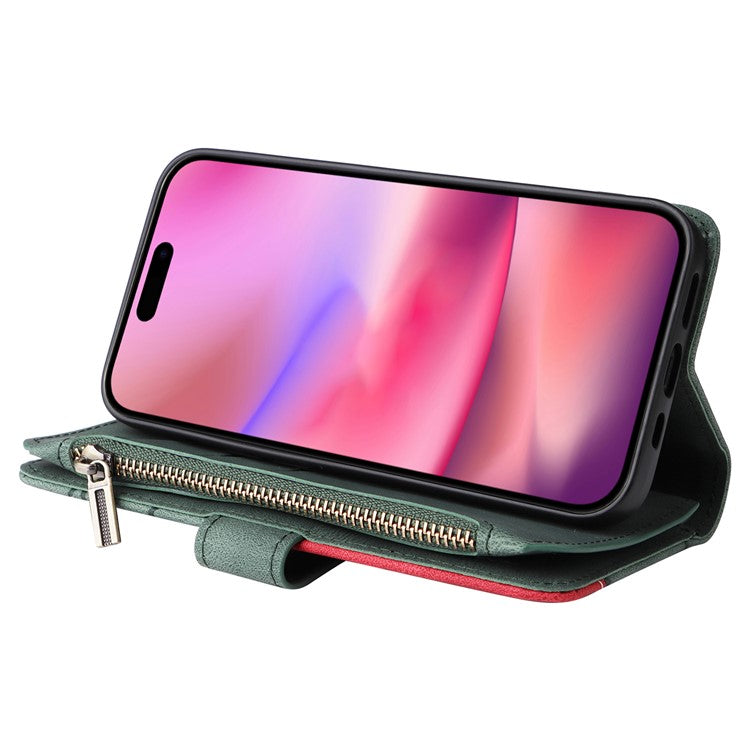 KT Multi-Function Series-5 For iPhone 16 Cover PU Leather Dual Color Splicing Wallet Cell Phone Case - Green