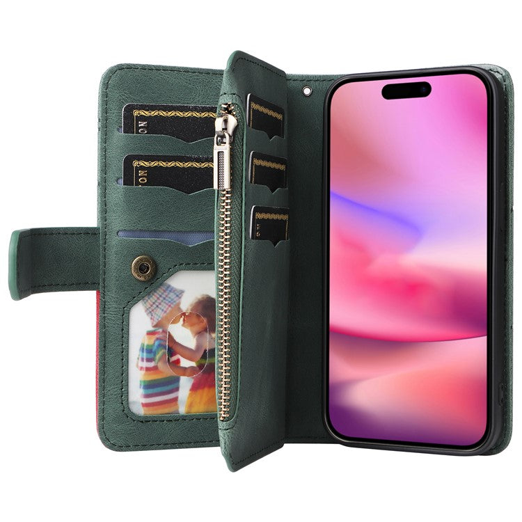 KT Multi-Function Series-5 For iPhone 16 Cover PU Leather Dual Color Splicing Wallet Cell Phone Case - Green