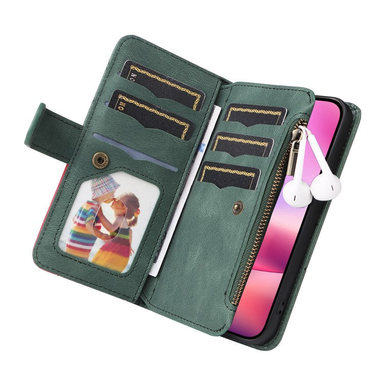 KT Multi-Function Series-5 For iPhone 16 Cover PU Leather Dual Color Splicing Wallet Cell Phone Case - Green