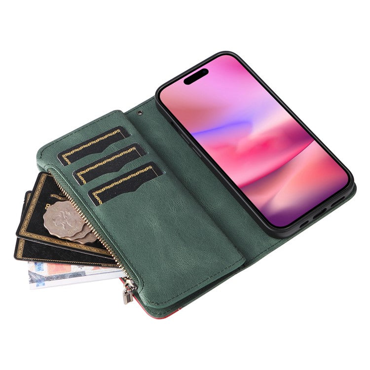 KT Multi-Function Series-5 For iPhone 16 Cover PU Leather Dual Color Splicing Wallet Cell Phone Case - Green