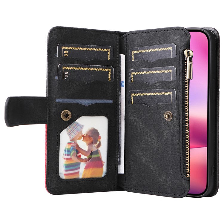 KT Multi-Function Series-5 For iPhone 16 Cover PU Leather Dual Color Splicing Wallet Cell Phone Case - Black