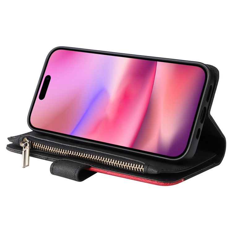 KT Multi-Function Series-5 For iPhone 16 Cover PU Leather Dual Color Splicing Wallet Cell Phone Case - Black