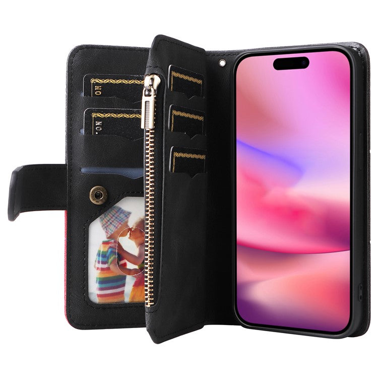 KT Multi-Function Series-5 For iPhone 16 Cover PU Leather Dual Color Splicing Wallet Cell Phone Case - Black