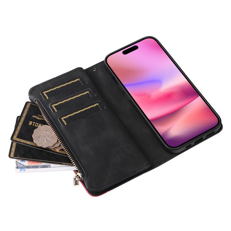 KT Multi-Function Series-5 For iPhone 16 Cover PU Leather Dual Color Splicing Wallet Cell Phone Case - Black