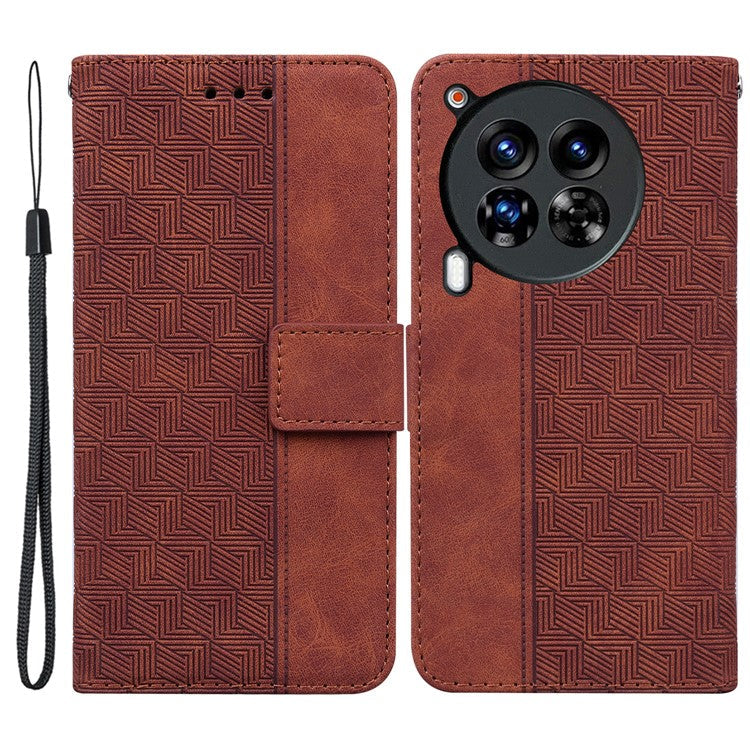 For TECNO Camon 30 Premier 5G Wallet Case Geometry Imprint Leather Phone Cover with Strap - Brown