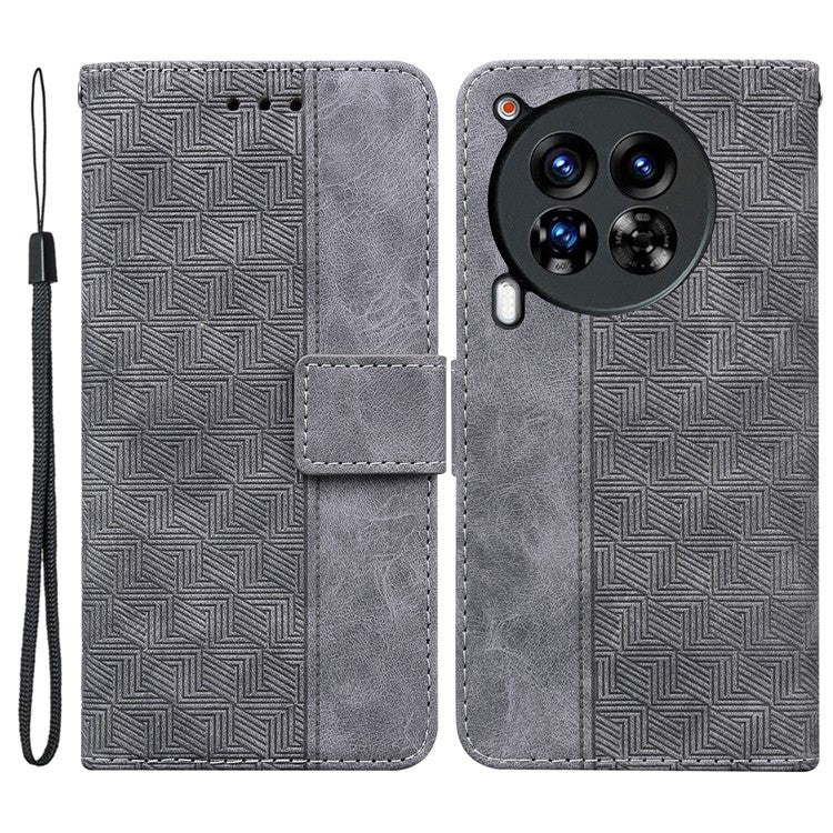 For TECNO Camon 30 Premier 5G Wallet Case Geometry Imprint Leather Phone Cover with Strap - Grey