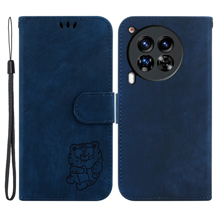 For TECNO Camon 30 Premier 5G Wallet Case Cute Tiger Imprint Leather Phone Cover - Dark Blue