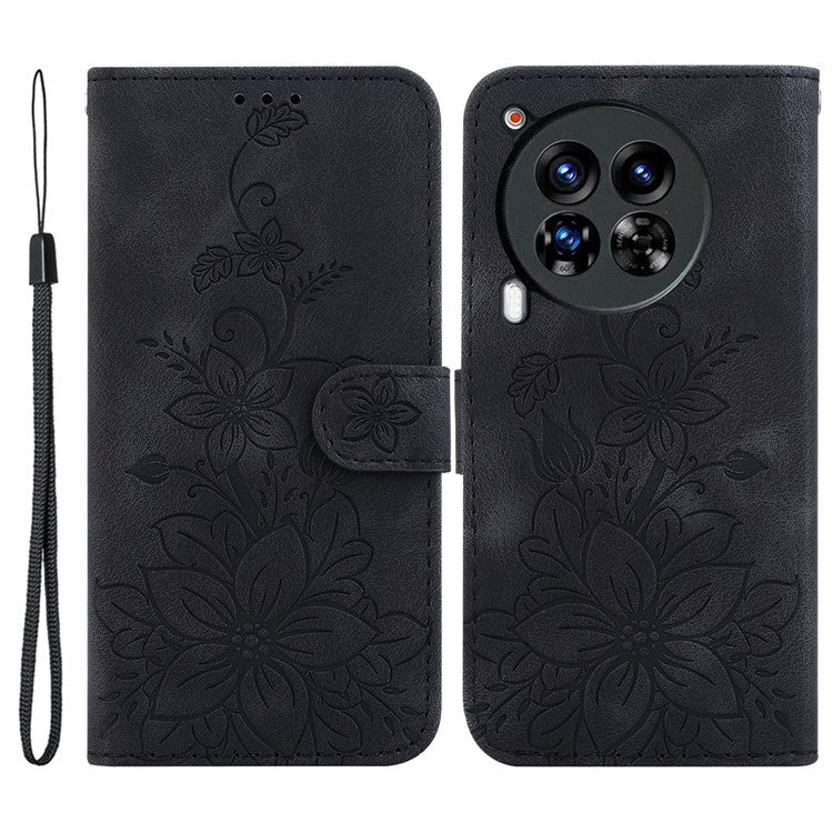 For TECNO Camon 30 Premier 5G Wallet Case Lily Imprint Anti-Drop Leather Phone Cover - Black