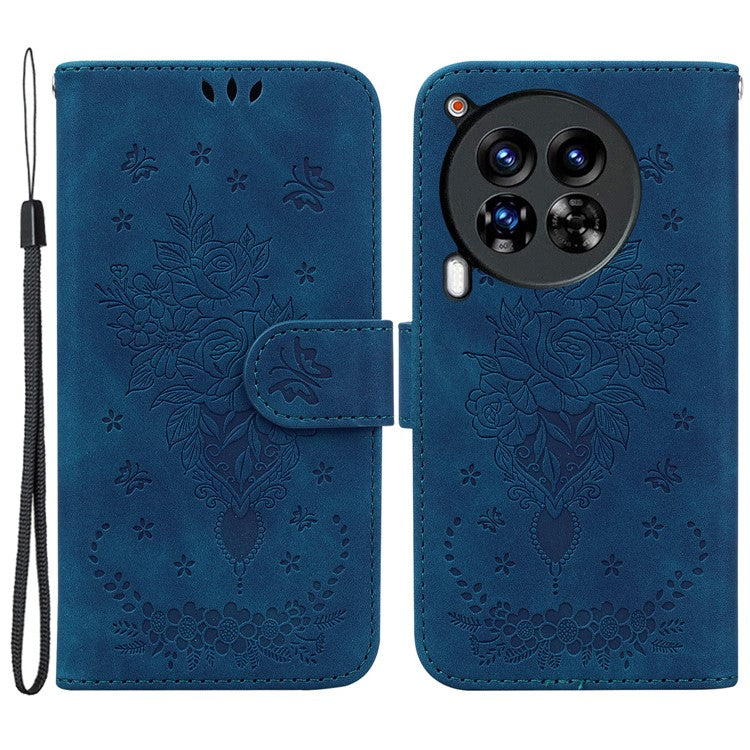 For TECNO Camon 30 Premier 5G Stand Case Butterfly Rose Imprint Leather Wallet Phone Cover - Blue