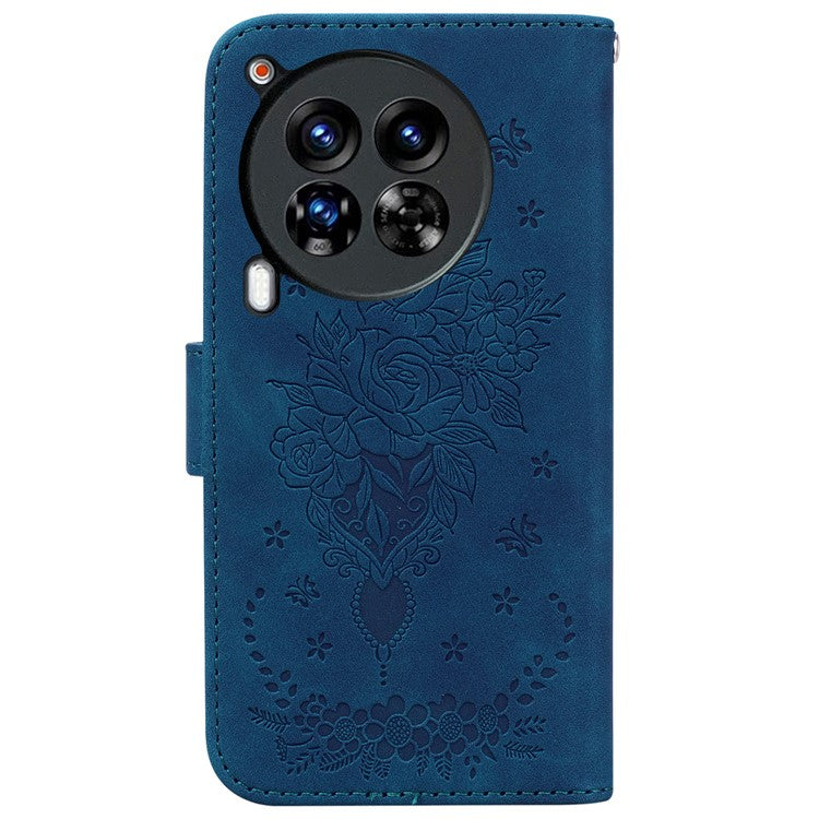 For TECNO Camon 30 Premier 5G Stand Case Butterfly Rose Imprint Leather Wallet Phone Cover - Blue