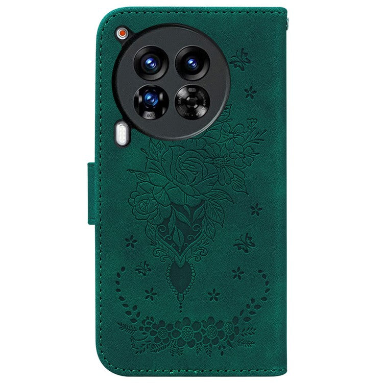 For TECNO Camon 30 Premier 5G Stand Case Butterfly Rose Imprint Leather Wallet Phone Cover - Green