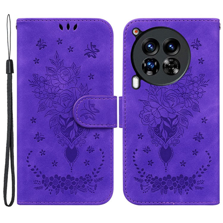 For TECNO Camon 30 Premier 5G Stand Case Butterfly Rose Imprint Leather Wallet Phone Cover - Purple