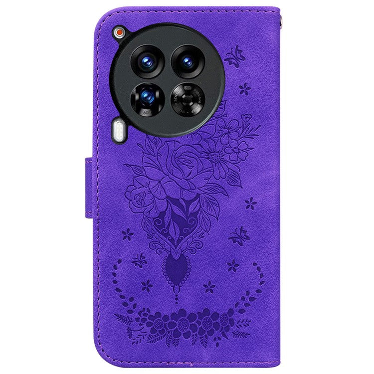 For TECNO Camon 30 Premier 5G Stand Case Butterfly Rose Imprint Leather Wallet Phone Cover - Purple