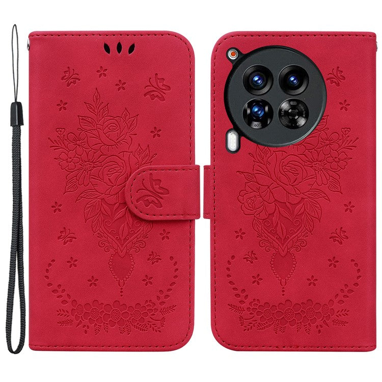 For TECNO Camon 30 Premier 5G Stand Case Butterfly Rose Imprint Leather Wallet Phone Cover - Red