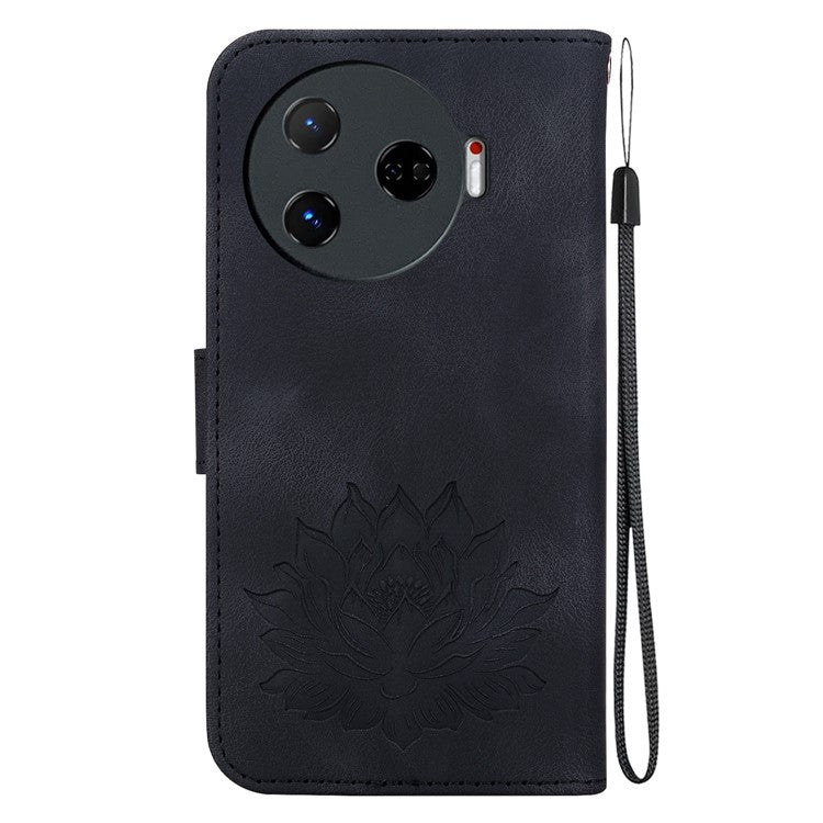 For TECNO Camon 30 Pro 5G Wallet Case Lotus Imprint Leather Phone Cover - Black