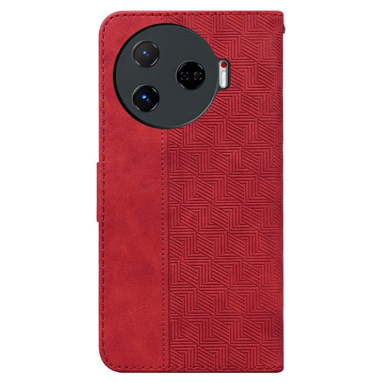For TECNO Camon 30 Pro 5G Wallet Phone Case Geometry Imprint Leather Flip Cover with Strap - Red