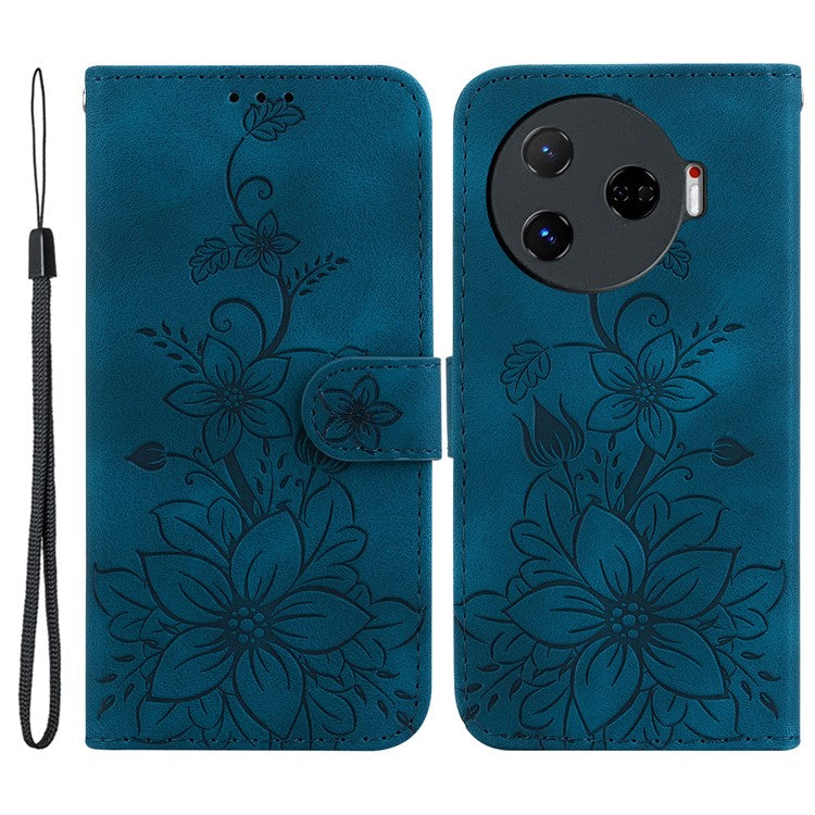 For TECNO Camon 30 Pro 5G Wallet Case Lily Imprint Anti-Scratch Leather Phone Cover - Dark Blue