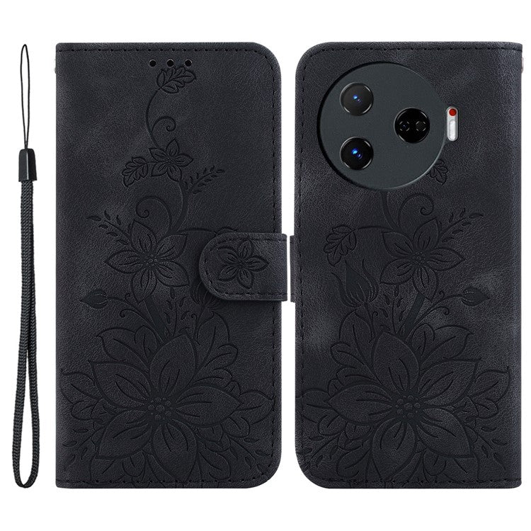 For TECNO Camon 30 Pro 5G Wallet Case Lily Imprint Anti-Scratch Leather Phone Cover - Black