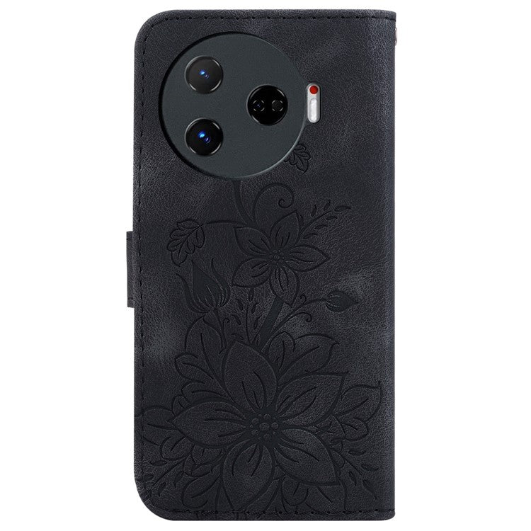 For TECNO Camon 30 Pro 5G Wallet Case Lily Imprint Anti-Scratch Leather Phone Cover - Black