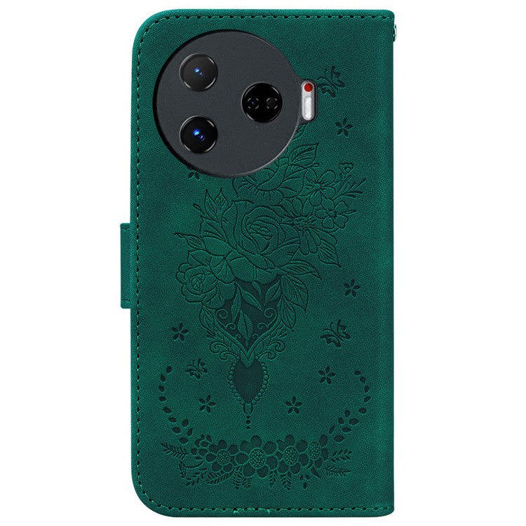 For TECNO Camon 30 Pro 5G Wallet Stand Case Butterfly Rose Imprint Leather Phone Cover - Green