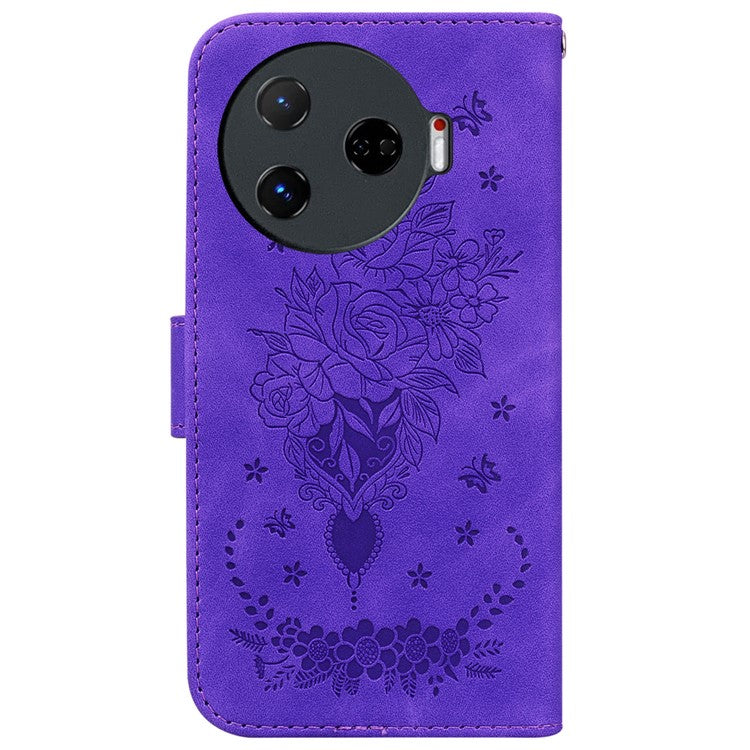 For TECNO Camon 30 Pro 5G Wallet Stand Case Butterfly Rose Imprint Leather Phone Cover - Purple