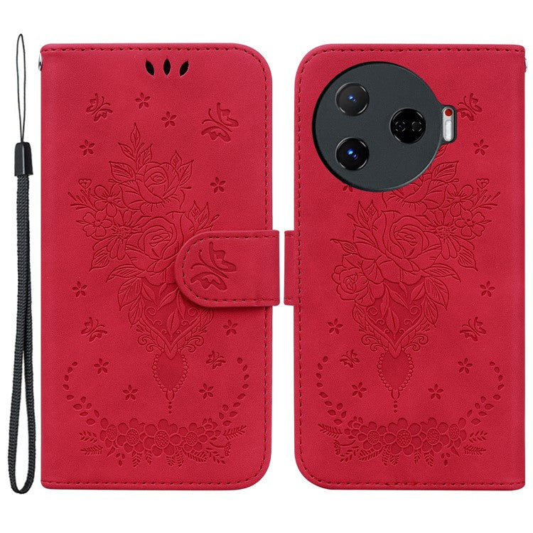 For TECNO Camon 30 Pro 5G Wallet Stand Case Butterfly Rose Imprint Leather Phone Cover - Red