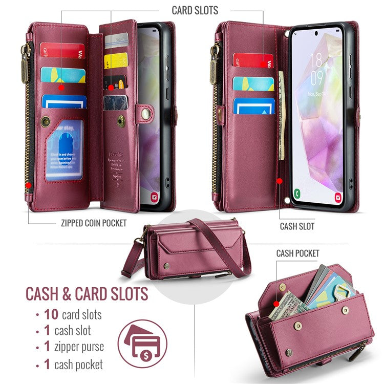 CASEME C36 Series For Samsung Galaxy A35 5G Case Card Holder PU Leather Purse Phone Cover - Wine Red