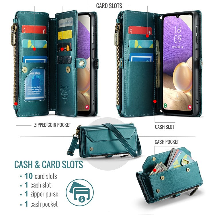 CASEME C36 Series For Samsung Galaxy A32 5G / M32 5G Phone Case PU Leather Wallet Stand Cover with 2 Straps - Green