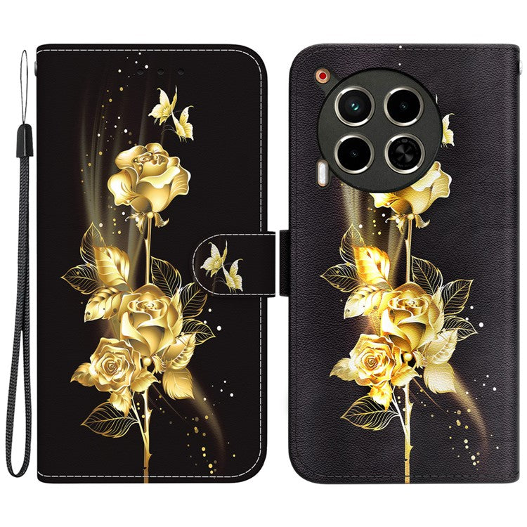 For TECNO Camon 30 4G / 30 5G Stand Case Pattern Print Leather Wallet Phone Cover - Gold Butterfly Rose