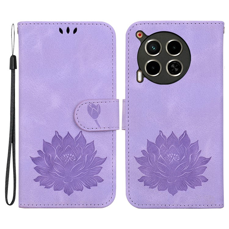 For TECNO Camon 30 4G / 30 5G Case Lotus Imprint Leather Wallet Phone Cover with Wrist Strap - Purple