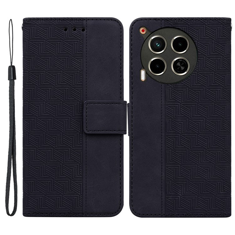 For TECNO Camon 30 4G / 30 5G Wallet Case with Strap Geometry Imprint Leather Flip Phone Cover - Black