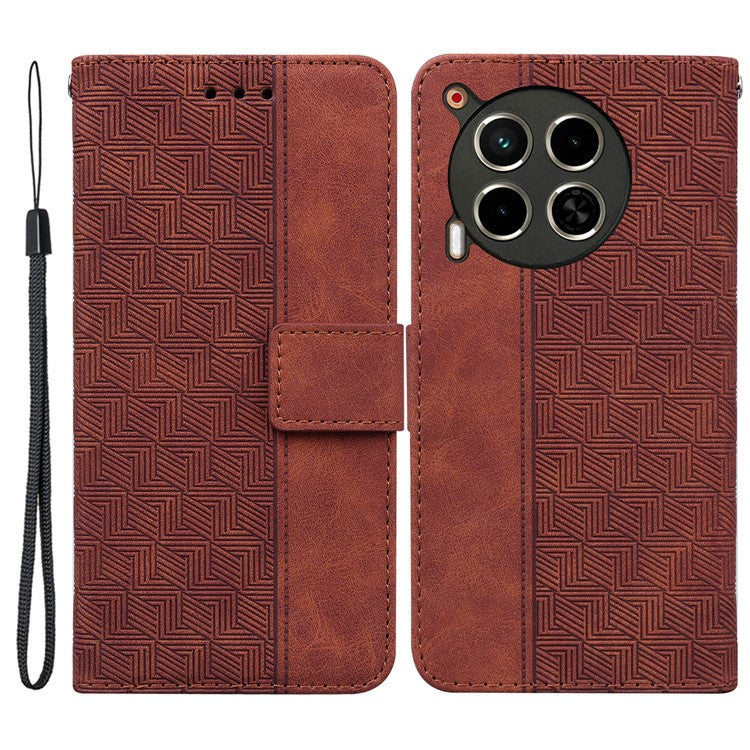 For TECNO Camon 30 4G / 30 5G Wallet Case with Strap Geometry Imprint Leather Flip Phone Cover - Brown