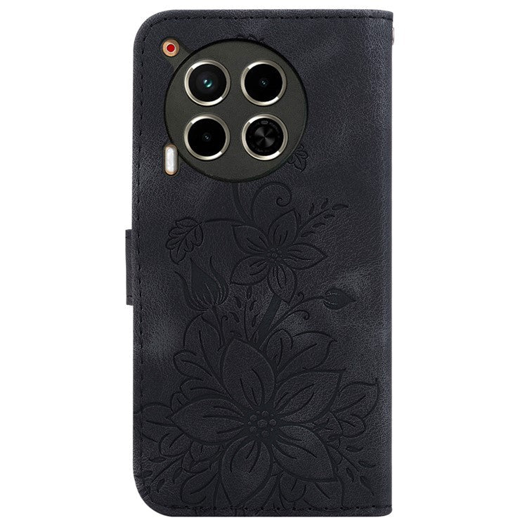 For TECNO Camon 30 4G / 30 5G Wallet Case Anti-Scratch Lily Imprint Leather Phone Cover - Black