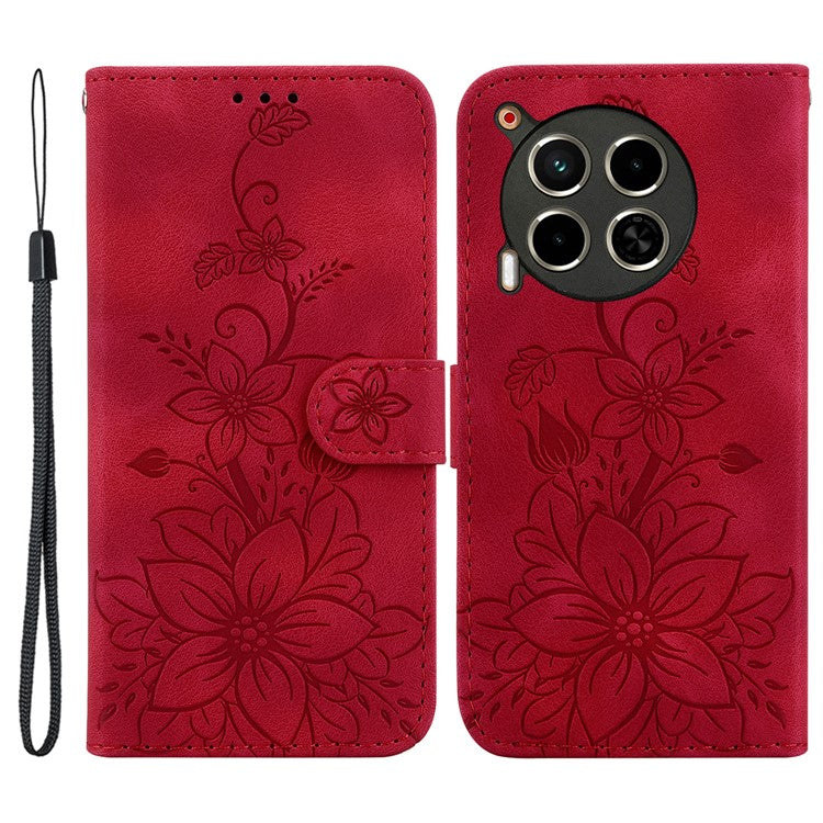 For TECNO Camon 30 4G / 30 5G Wallet Case Anti-Scratch Lily Imprint Leather Phone Cover - Red