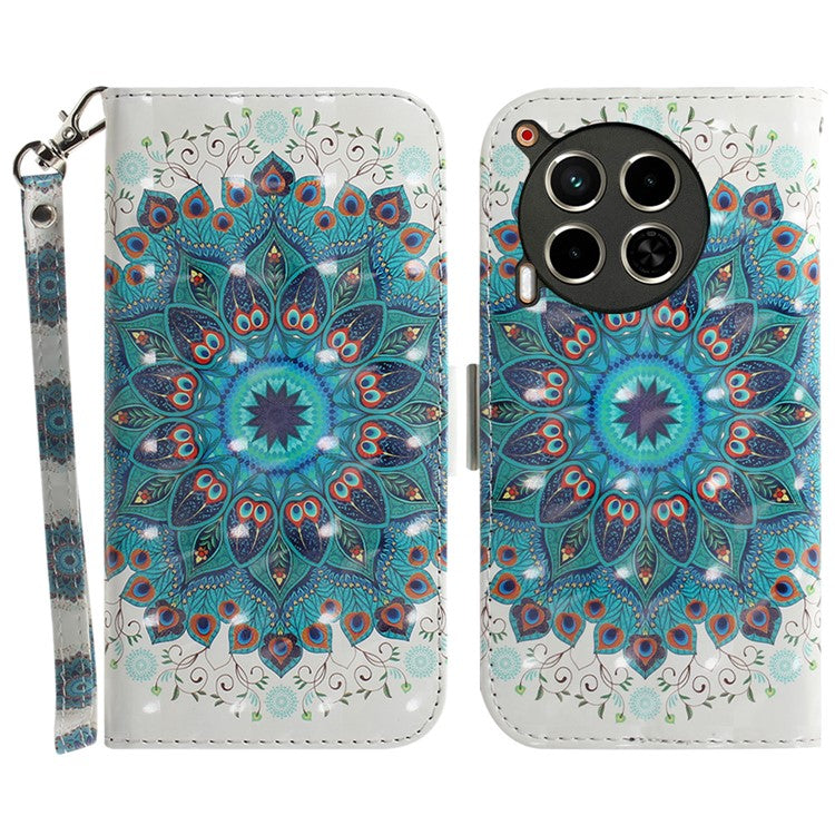 For TECNO Camon 30 4G / 30 5G Wallet Stand Case Pattern Print PU Leather Phone Cover - Peacock Wreath