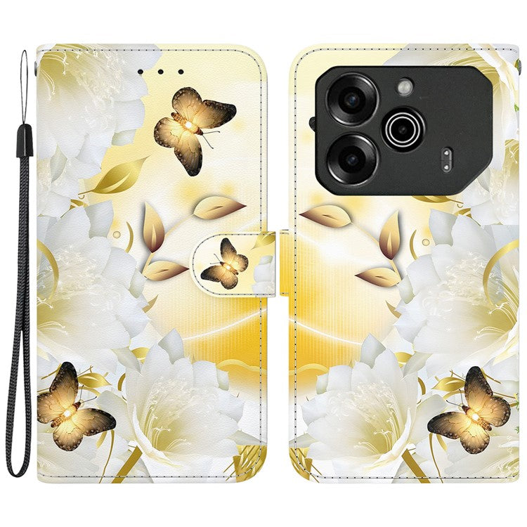 For TECNO Pova 6 5G / 6 Pro 5G Wallet Phone Case Pattern Print Leather Stand Cover - Gold Butterfly Flower