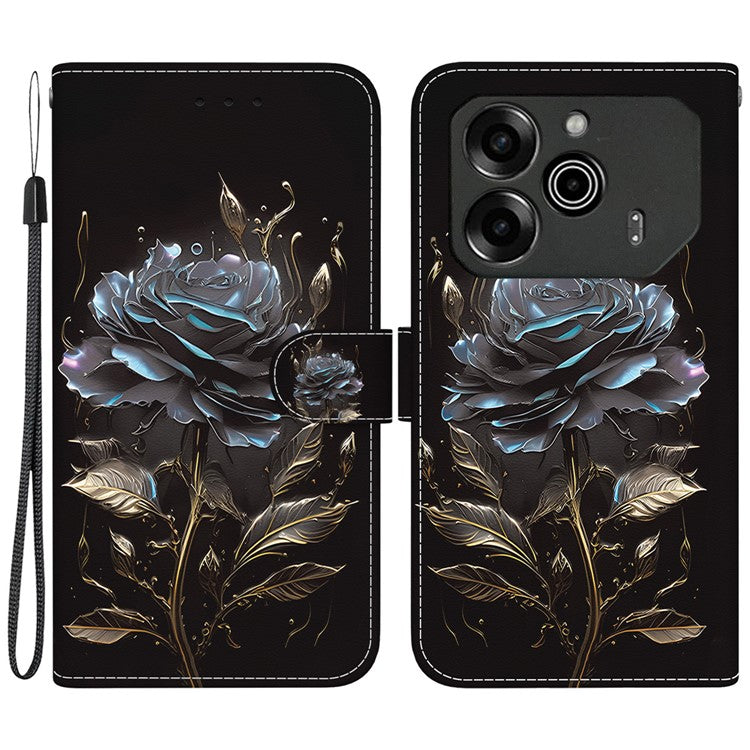 For TECNO Pova 6 5G / 6 Pro 5G Wallet Phone Case Pattern Print Leather Stand Cover - Black Rose